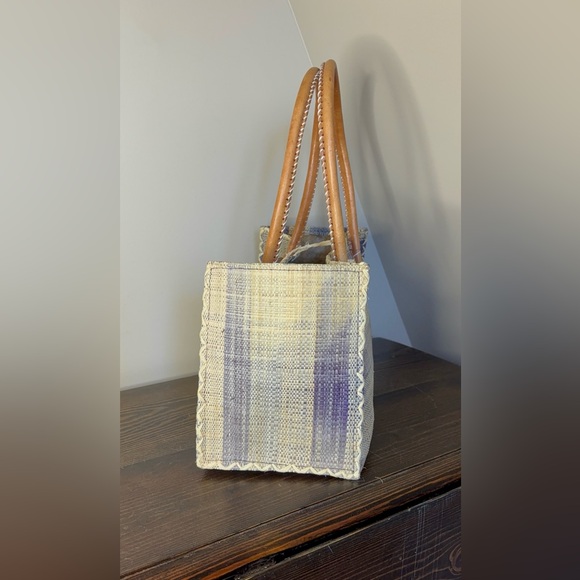 Vtg Handwoven Madagascar Raffia Stripe Tote Bag - Picture 3 of 14